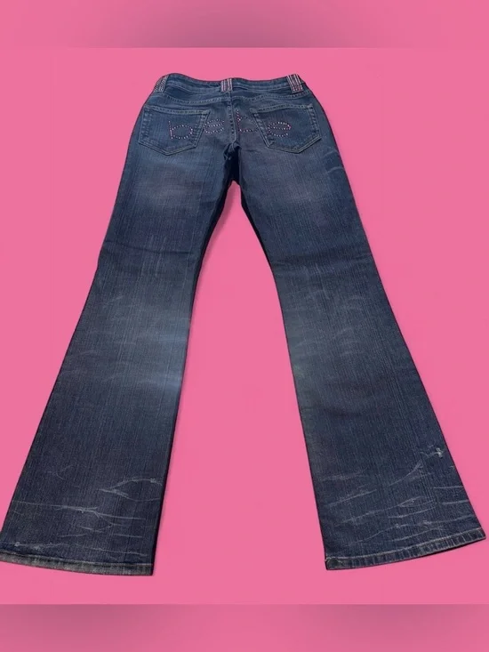 bebe Blue Denim Bootcut Jeans with Pink Rhinestone Logo - Picture 7 of 12